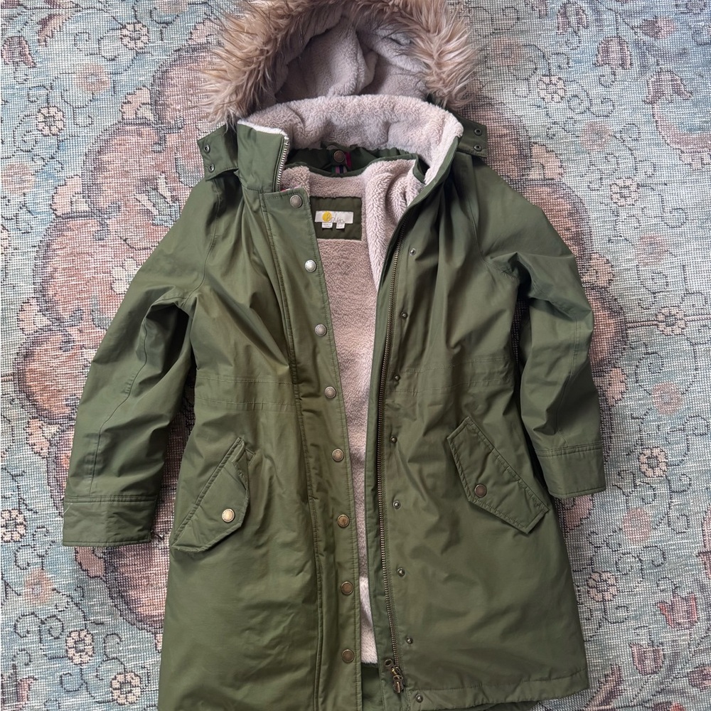 Boden Green Ski & Snow Jacket with Faux Fur Hood
